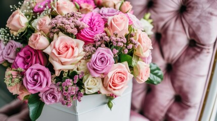 a bouquet of pink and white roses in a white vase sitting on a pink velvet upholstered upholstered chair.