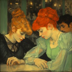 Two women in a Parisian bistro in the style of Toulouse-Lautrec