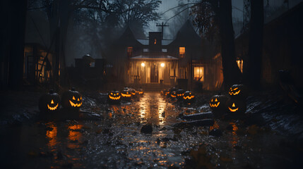 A full moon, haunted houses, and creatively carved pumpkins convey a spooky and atmospheric Halloween night Generative AI - obrazy, fototapety, plakaty