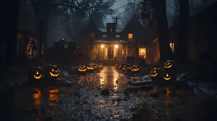 Cercles muraux Pleine lune A full moon, haunted houses, and creatively carved pumpkins convey a spooky and atmospheric Halloween night Generative AI