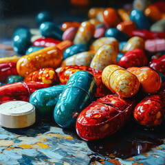 A background formed by assorted colored tablets and pills, depicting the theme of drug addiction and dependency.