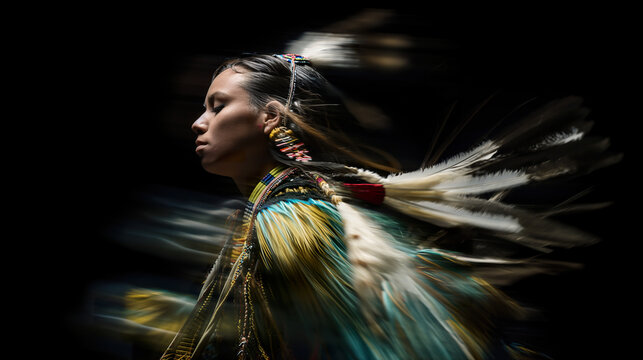 A Native American woman in motion, wearing traditional feathered regalia; captured with long exposure for a motion blur effect, against a dark background to accentuate the vibrant colors of her attire