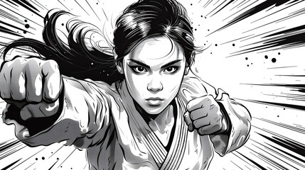 karate young girl in karate pose in comic book style black and white art