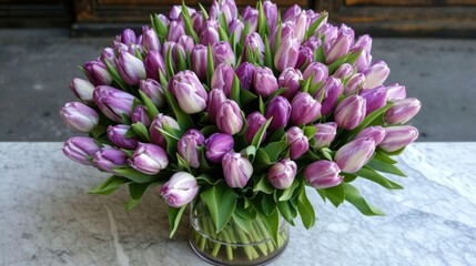 a bouquet of purple and white tulips in a glass vase on a marble table with a door in the background.