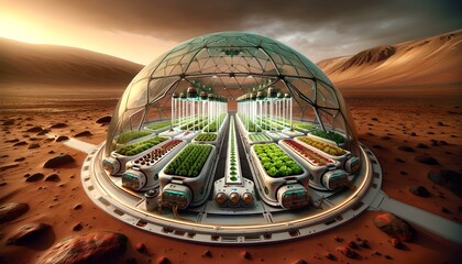 Futuristic agricultural dome on a desolate Martian landscape growing crops