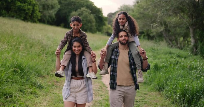 Family, shoulder ride and forest with happiness, bonding together and children with mom, dad and path. Nature, walking and love with care, people and travel in woods for piggyback, health and trail