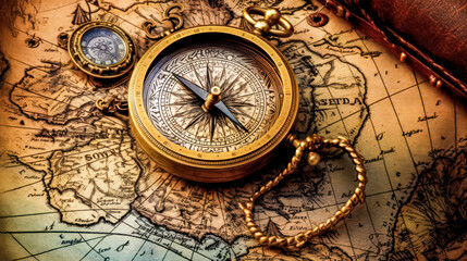 Fototapeta na wymiar An antique compass placed on a vintage map evokes nostalgia and beckons to tales of adventure, making it a perfect backdrop for retro themed designs.