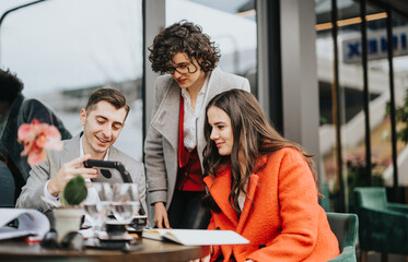 Three business associates collaborate using digital tablet in a casual coffee shop environment,...