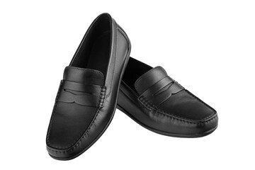 men's pair of black moccasins on isolated white background close-up