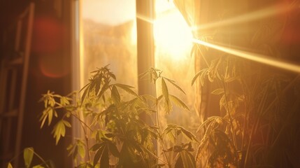a potted plant in front of a window with the sun shining through the window and the plant in the foreground.