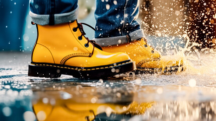A man walks cautiously through a puddle, a sign of caution, illustrating the Slippery When Wet warning. Illustrates potential hazards of wet surfaces.