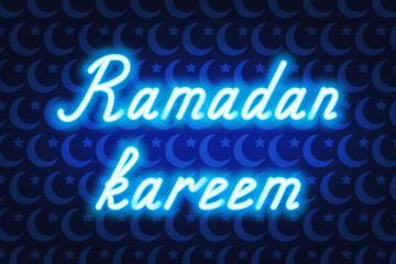 Ramadan Kareem. Blue neon lettering. Glowing holiday text. Color vector illustration. Blue background from moon and star. Congratulations on Ramadan. Idea for web design.