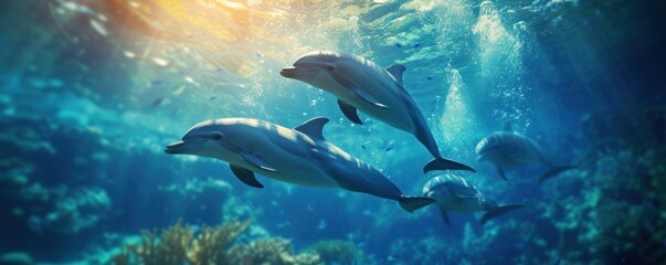 Obraz na płótnie Canvas Dolphins swiming together.