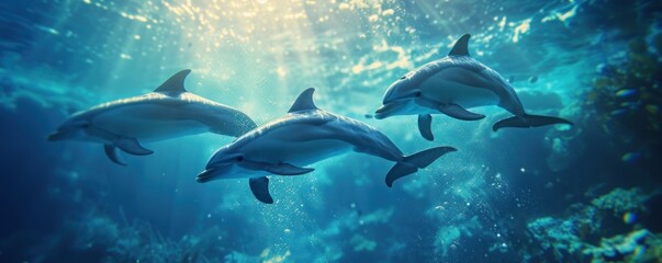 Obraz na płótnie Canvas Dolphins swiming together.