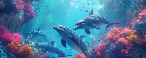 Fototapeta na wymiar Dolphins swiming together.
