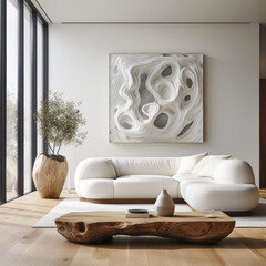 A modern living room with a white leather sofa, a marble side table, and a unique artwork feature