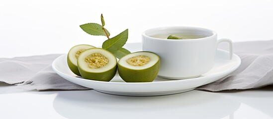 A white plate with a sliced feijoa and a white cup filled with feijoa infused tea placed next to it. Both items are set against a plain white backdrop.