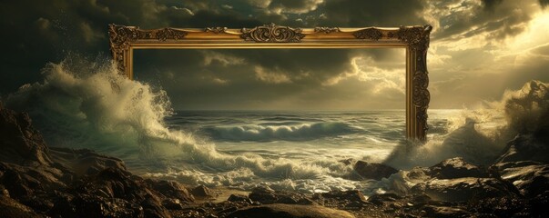 Painting image in beautiful antique frame with seashore