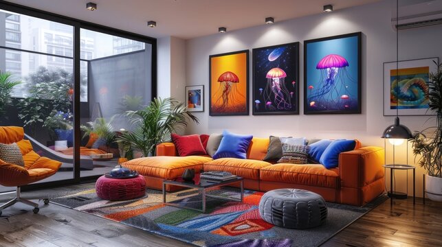 modern living room. There are paintings of neon jellyfish on the walls. Lamps in the shape of jellyfish. Minimalism and eclecticism.