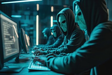 Anonymous criminal hacker organization groups in mask and hoodie. Obscured dark face using laptop computer for cyber attack, hack other people's accounts, darknet and cyber security concept. - obrazy, fototapety, plakaty
