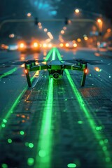 A flying drone, neon green glowing background