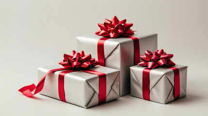 christmas or birthday or valentine gift boxes, Gift box with silver wrapping and red bow isolated...