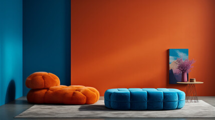 A modern living room featuring an orange ottoman set against a bright blue wall