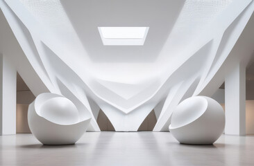 large geometric sculpture, contemporary art, in a large exhibition light, white hall.