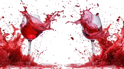 Fotobehang two wine glasses filled with red liquid splashing out of the top and bottom of the glasses, on a white background. © Olga