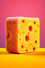 A dishwashing sponge rests beside the kitchen sink, ready for use, implying cleanliness and household chores in the kitchen.