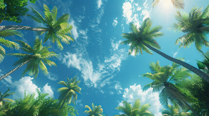 An image of two nice palm trees with blue sky, beautiful tropical background.