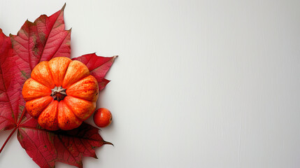 autumn leaf foliage and orange pumpkin on white background, autumn greeting cards