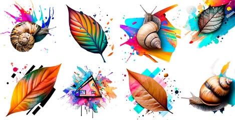 Collage of colorful leaves, snail and house on a white background