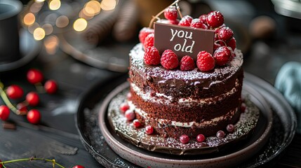 Funny "You Old" Red Velvet Birthday Cake With Raspberries