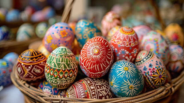 Easter eggs in a basket, colorful holiday decoration