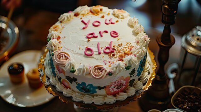 Flimsy and simple birthday cake with "you are old" message