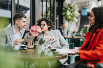 Professional business colleagues in a meeting at a restaurant with digital tablet and documents