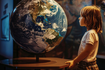 Little girl examining a large globus the Earth during visiting a science museum. Primary school age child exploring of model globe the planet Earth on planetarium or exhibition