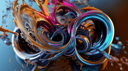 illustration of an abstract swirled chaotic metallic background in blue and orange color