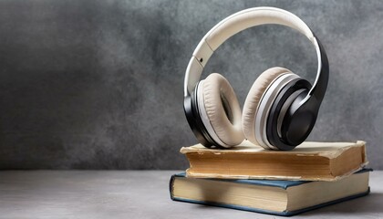 Modern headphones on pile of classic books, audiobooks concept. Wide banner with copy space side
