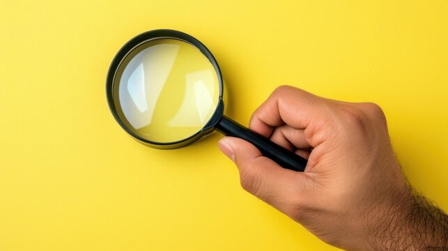 A Man's Hand Holding A Magnifying Glass Over The Top Of A Yellow Surface With A Yellow Background.