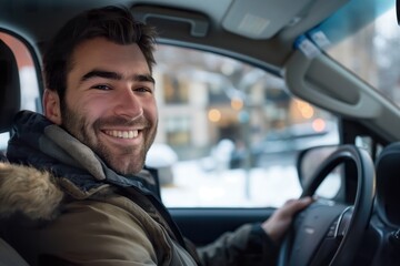 Obraz premium Handsome man smiling while driving a car.