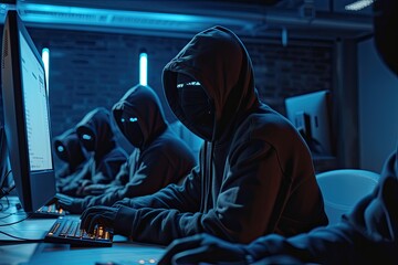 Anonymous criminal hacker organization groups in mask and hoodie. Obscured dark face using laptop...