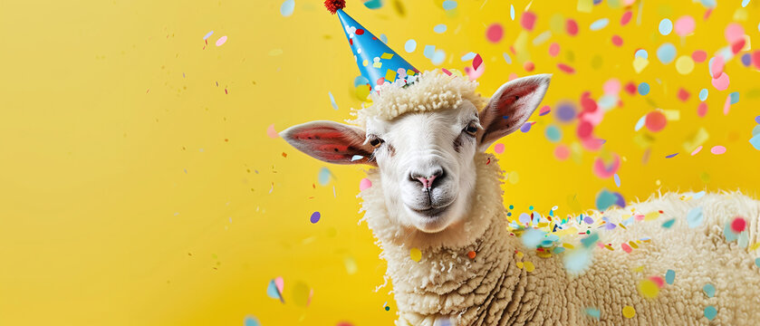 Celebrating sheep with a birthday hat and confetti on a yellow background