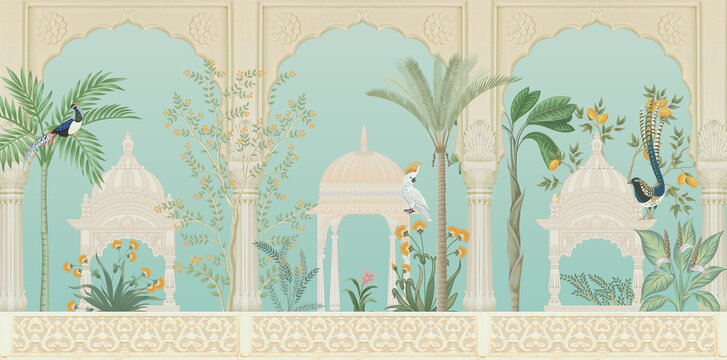 Mughal garden arch, plant, peacock illustration for wallpaper. Traditional garden wallpaper design vector illustration.