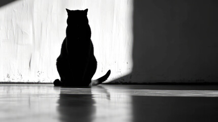 a black and white photo of a cat sitting on the floor in front of a window with a curtain behind it.