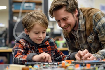 A man and a young boy engaged in building with colorful Legos.