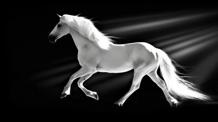 Obraz na płótnie Canvas a black and white photo of a white horse on a black background with rays of light coming from behind it.