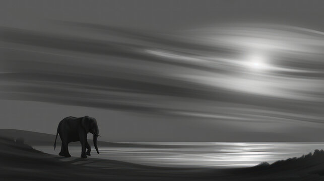 a black and white photo of an elephant standing on a hill near the ocean with a full moon in the background.