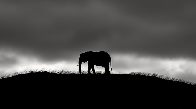 a black and white photo of an elephant on a hill with a dark sky in the background and dark clouds in the distance.